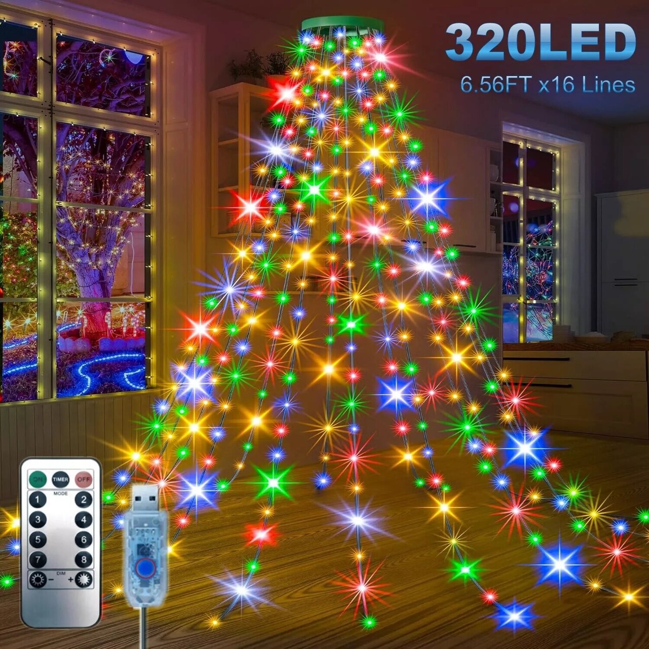 Kitcheniva 6.56FT x 16 Lines 320 LED Christmas Tree Waterfall String Lights